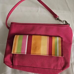 Lancome 5" x 8" Pink striped wristlet cosmetics zip up makeup travel purse